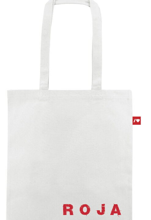 Bolsa Canvas blanca texto “roja” con etiqueta textil cosida barra corazón