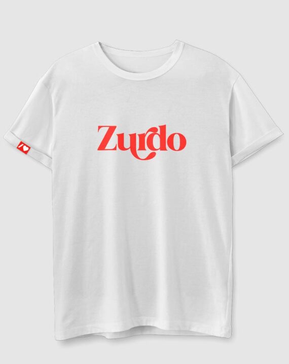 Camiseta color blanco texto "zurdo" en rojo y en la manga impreso