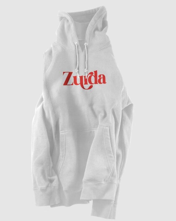Sudadera color blanco texto "zurda" en rojo