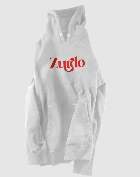 Sudadera color blanco texto "zurdo" en rojo