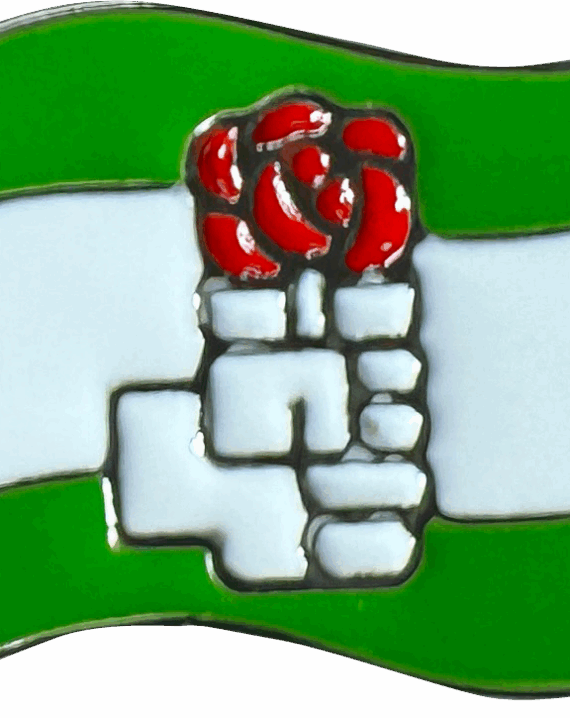 Pin bandera de Andalucía con el Puño y la Rosa