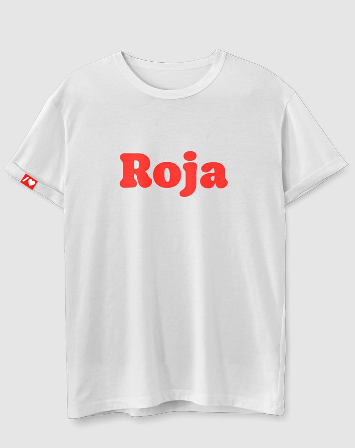 Camiseta branca coa palabra "vermello" impresa en vermello na manga