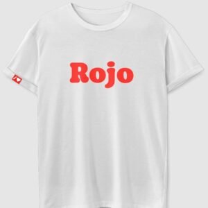 Camiseta color blanco texto "rojo" en rojo y en la manga impreso